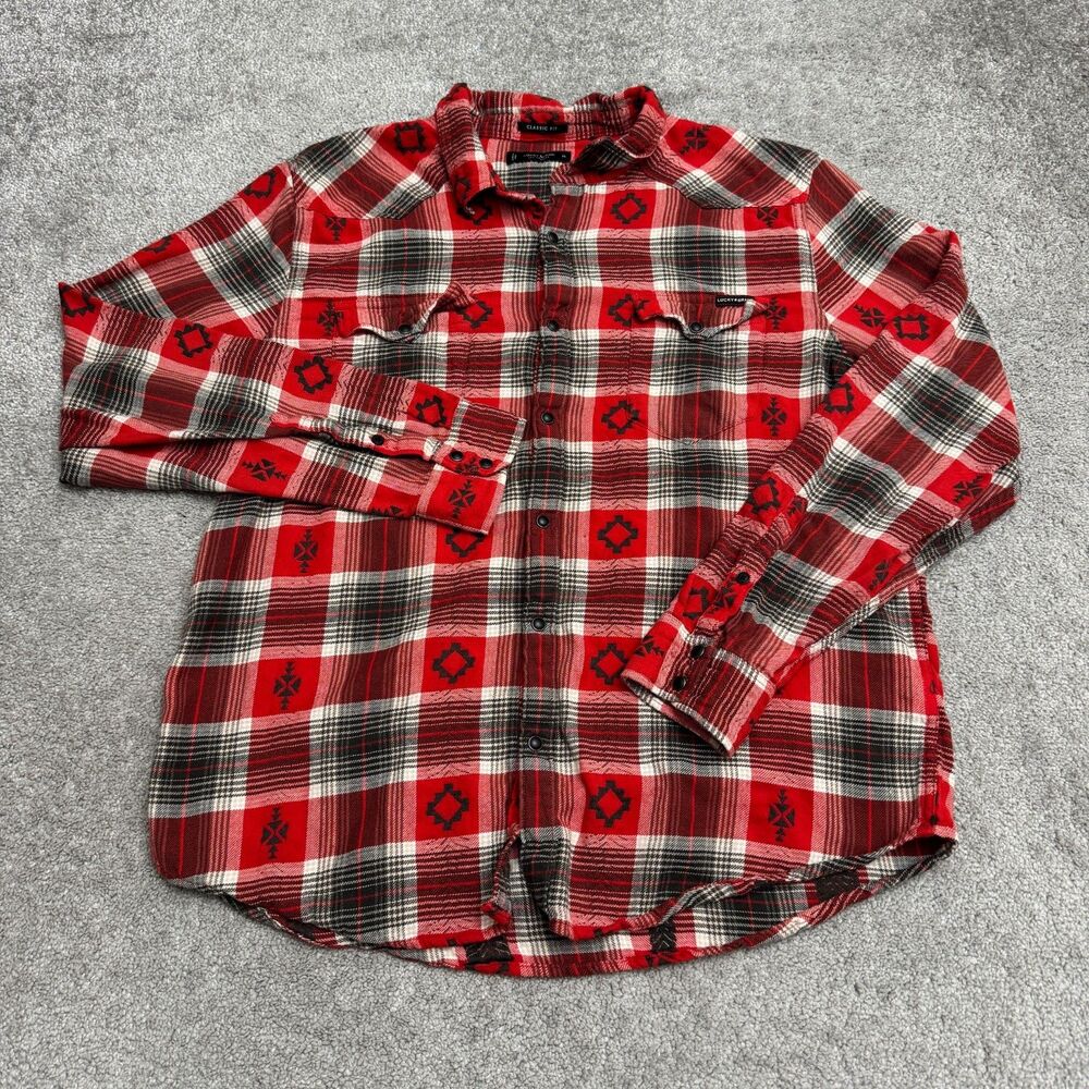 Lucky Brand Plaid Dobby Western Button Down Shirt Mens XL Red Cotton Casual Top